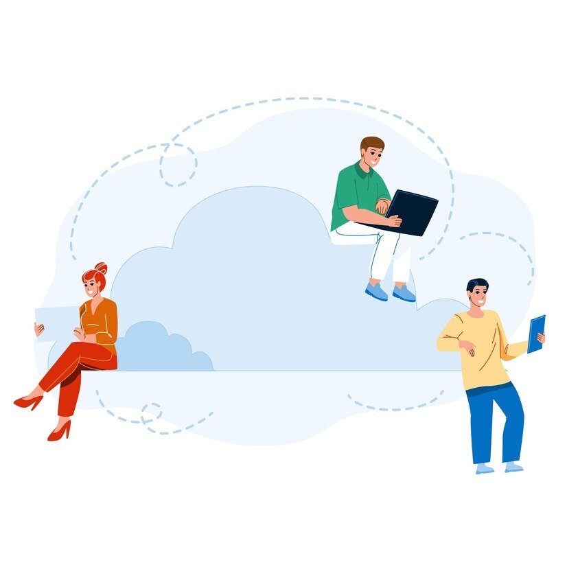 A women and two men using laptop while sitting on cloud